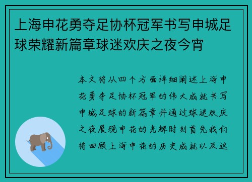 上海申花勇夺足协杯冠军书写申城足球荣耀新篇章球迷欢庆之夜今宵